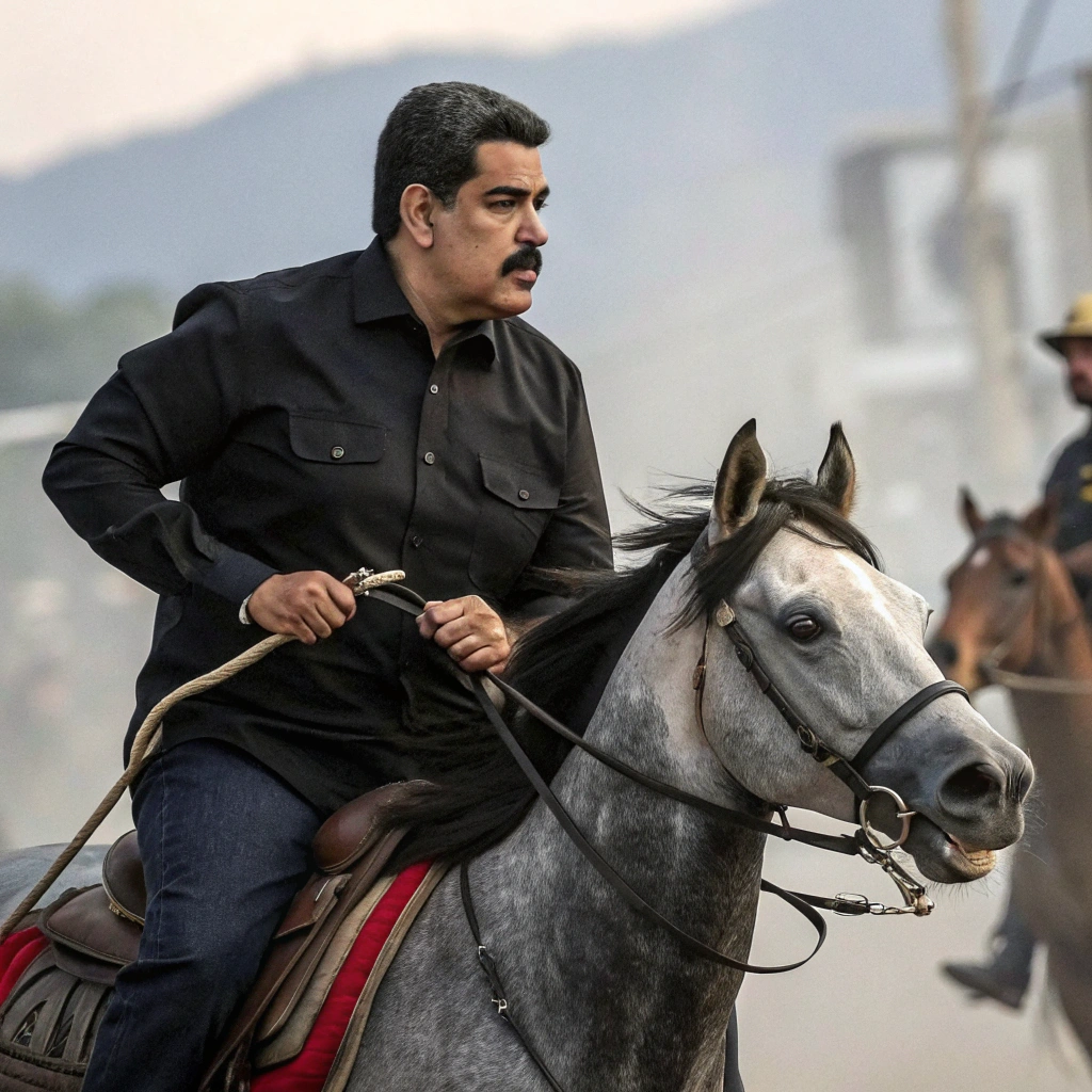 AI generated image by Red Panda AI: nicolaz maduro de venenzuela con camisa negra mangalarga huyendo