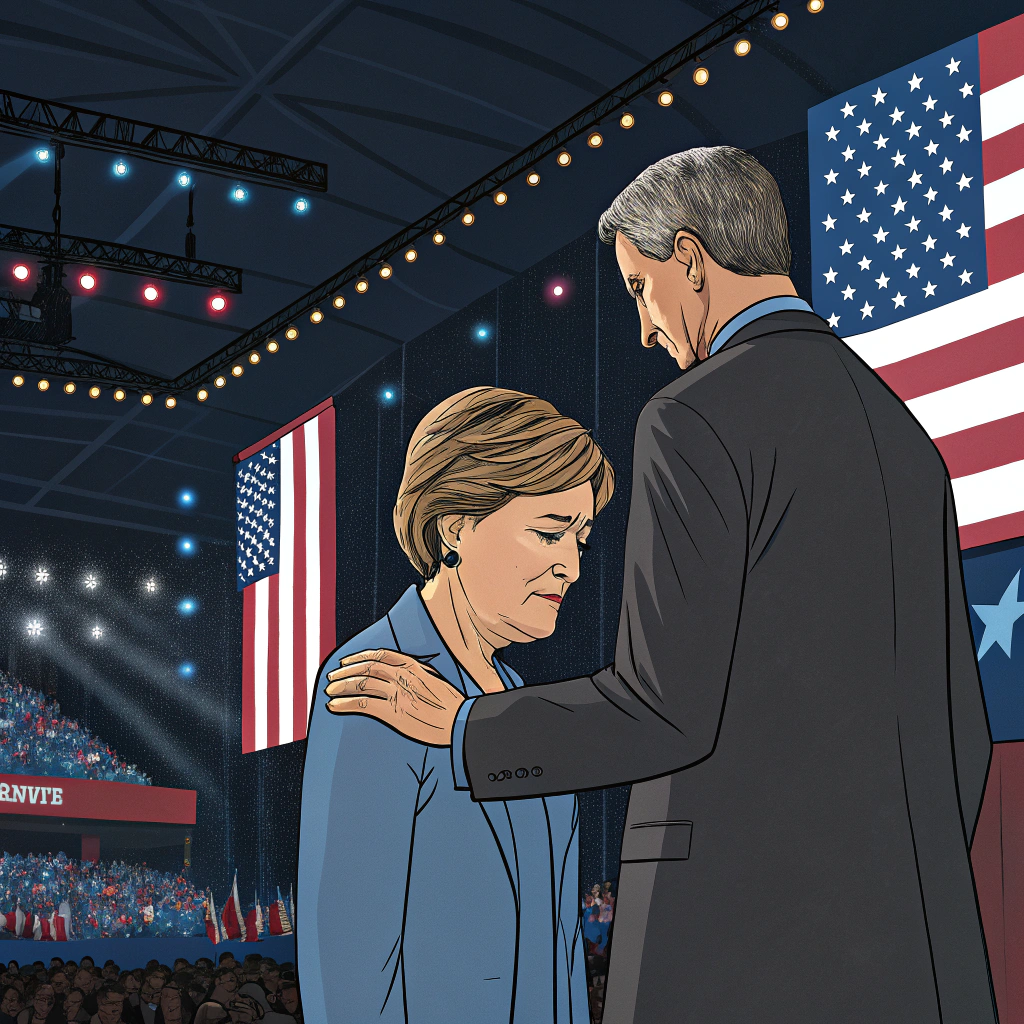 AI generated image by Red Panda AI: "On a large political convention stage, a middle-aged woman with short hair, looking sad with a solemn expression, stands next to a taller man with a suit who gently places a hand on her shoulder, offering support. The background features American flags, a crowd, and lights commonly seen at political events. The overall atmosphere is serious and empathetic, capturing a moment of comfort and support on stage at a political gathering."

