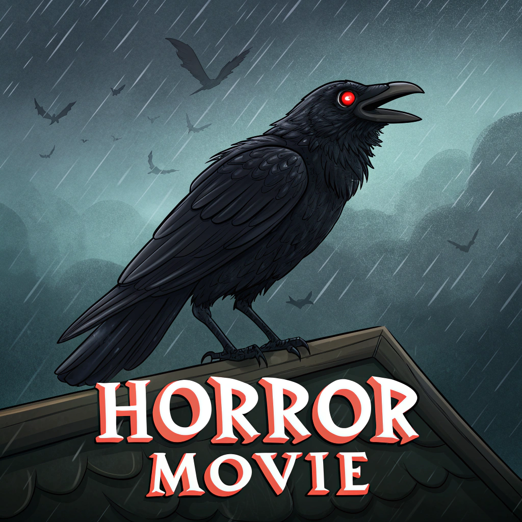 AI generated image by Red Panda AI: a horror movie title card featuring a cartoon image of a black crow