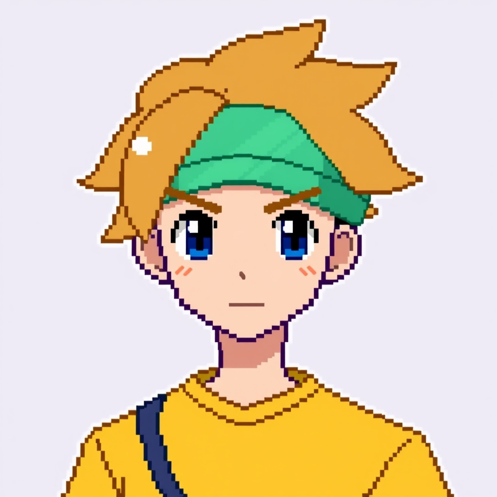 AI generated image by FLUX.1-schnell: A pixel art full body image of a man with light brown hair, a Pokémon trainer from the first generation games, with a simple background, in the style of the first generation Pokémon games.