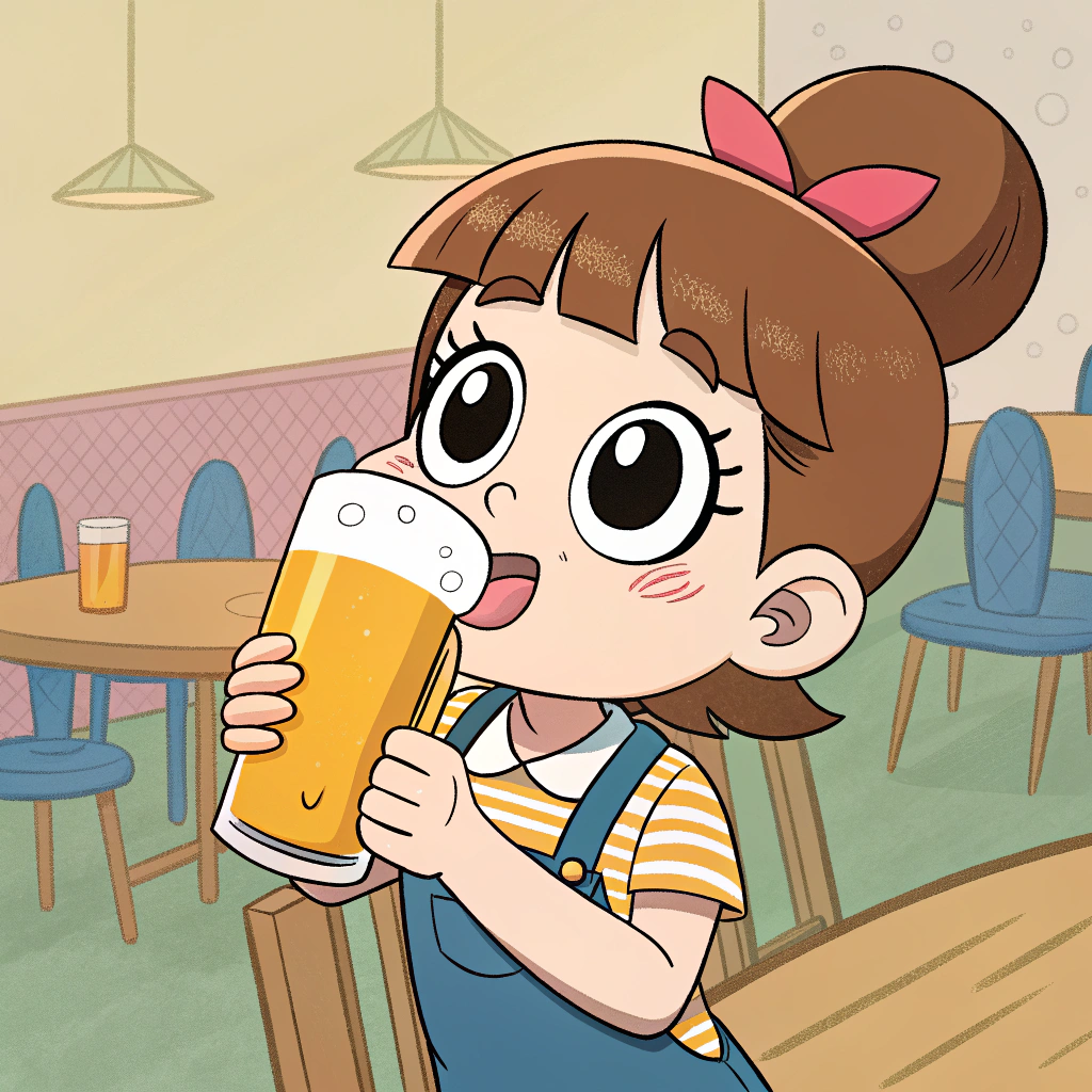 AI generated image by FLUX.1-schnell: dr.slump girl who has big eye, drinking beer with glass