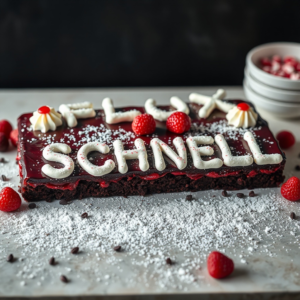 AI generated image by FLUX.1-schnell: black forest gateau cake spelling out the words "FLUX SCHNELL", tasty, food photography, dynamic shot