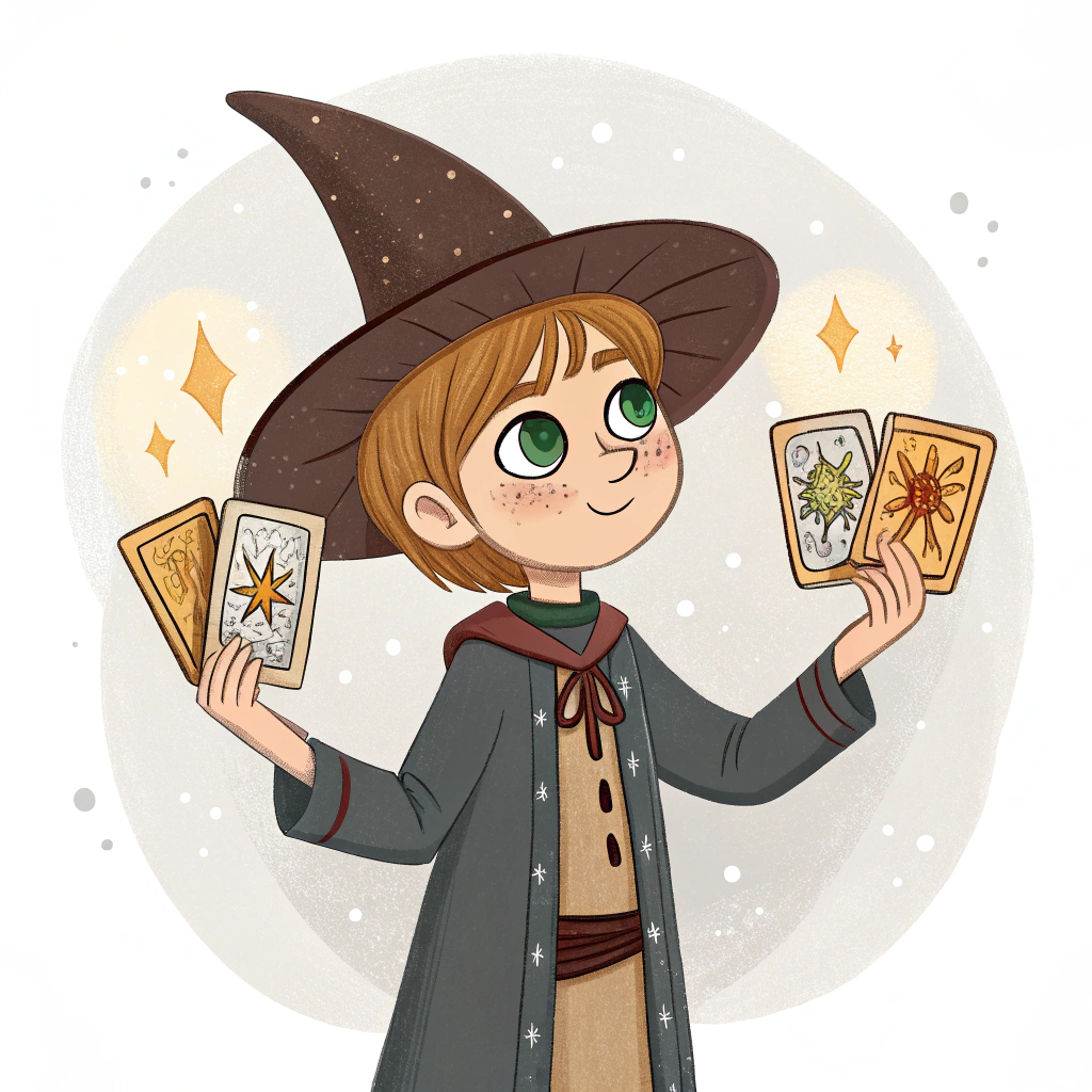 AI generated image by Red Panda AI: un chico de tez blanca con pelo marrón claro, ojos verdes y con una ilusión de 4 brazos que sostienen cartas de tarot, el chico tiene ropa tradicional de brujo  