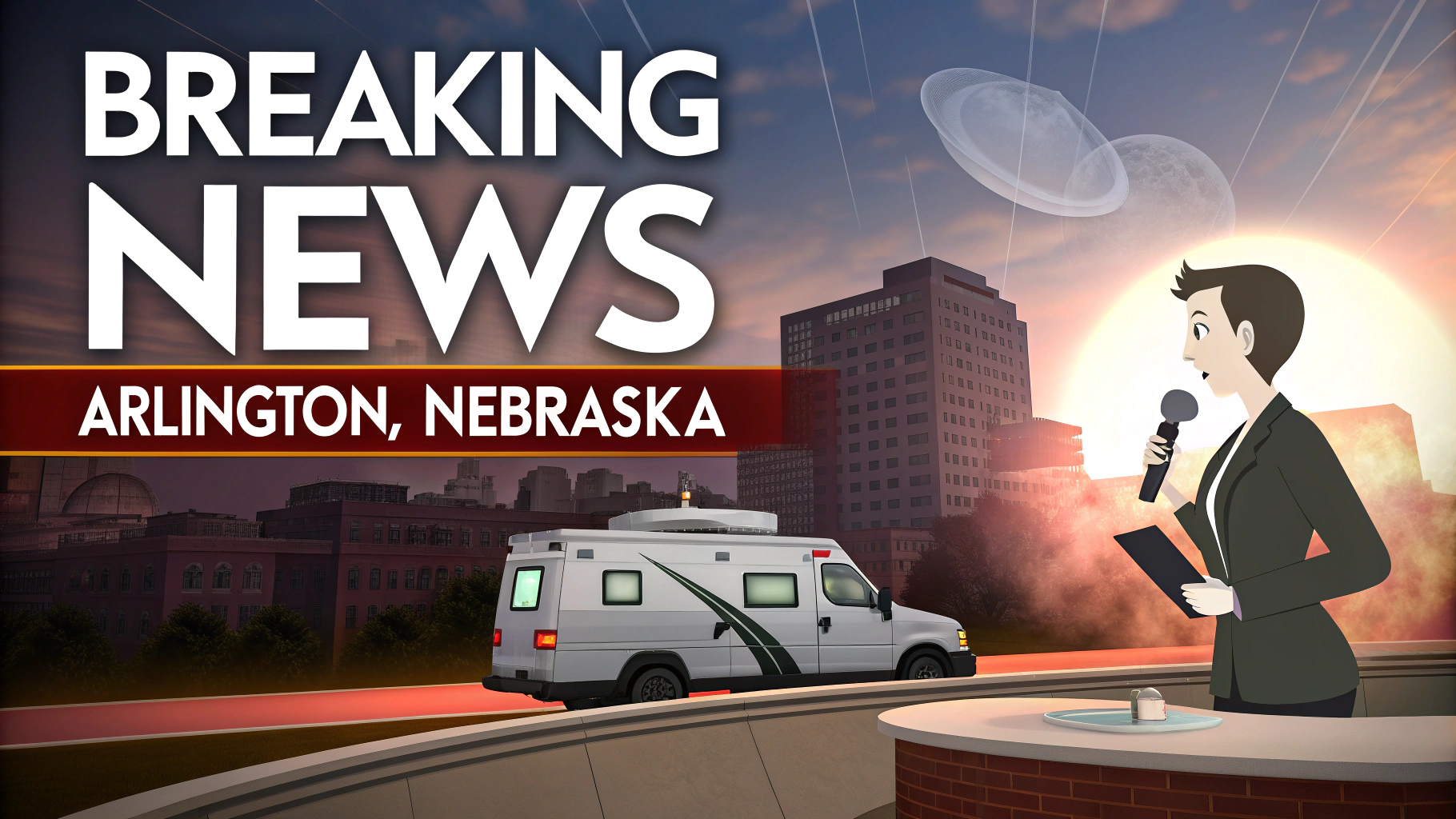 AI generated image by Red Panda AI: "Breaking News" in "Arlington, Nebraska" for News Graphic on TV