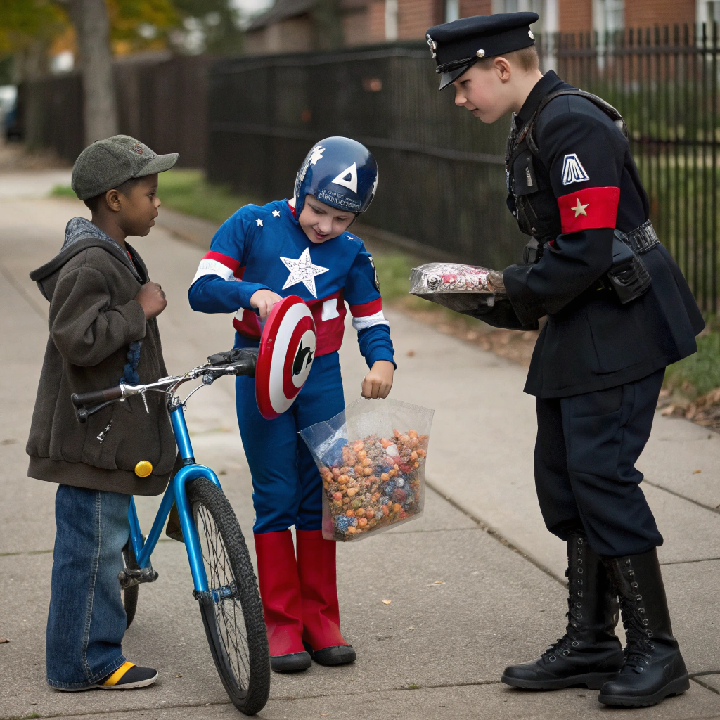 AI generated image by Red Panda AI: Cinematic realism. Long shot of three angry 10 year old White kids, First kid wearing a Captain America costume, 2nd one wearing a cop costume, 3rd kid wearing a Nazi general costume and they take a bag of candy from a 7 year old black kid wearing regular clothes standing next to bicycle. One kid is writing a speeding ticket and the other two are confiscating big bags of candy. 35mm camera