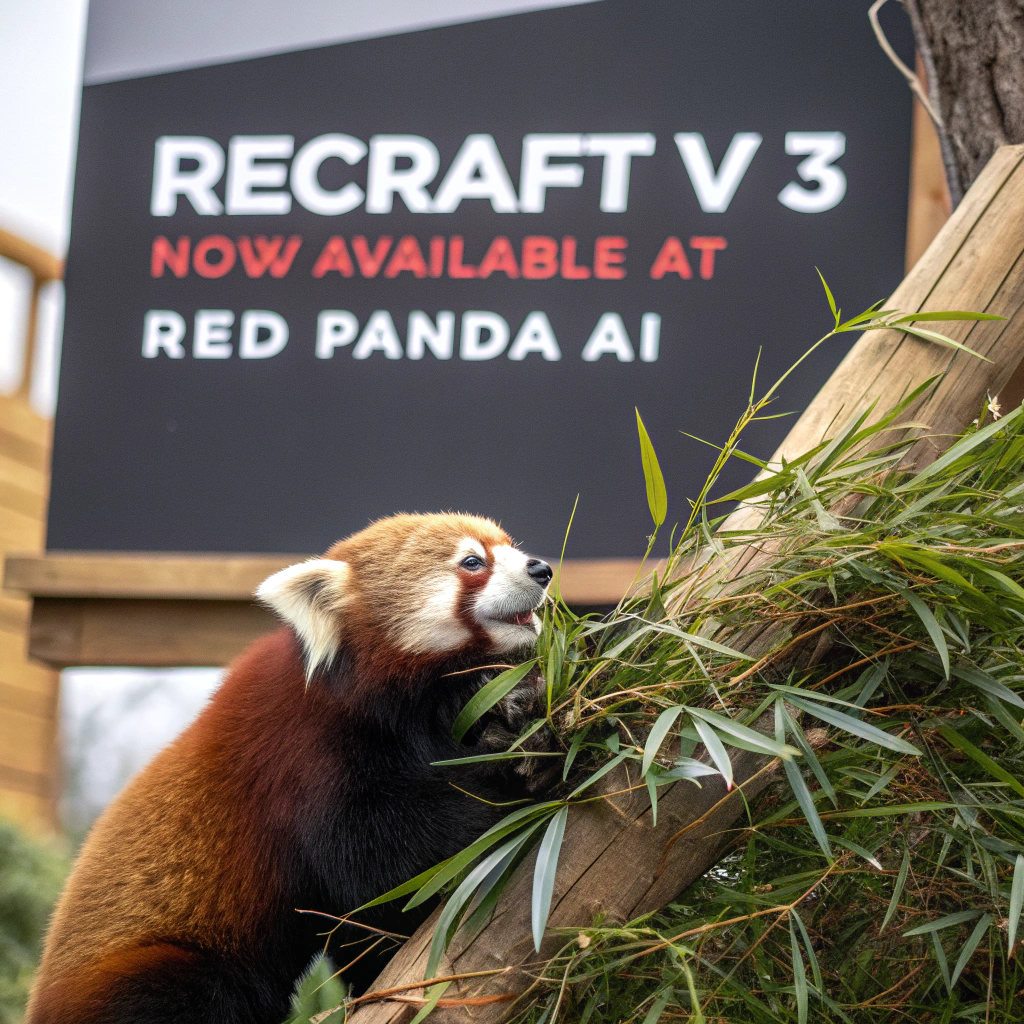 AI generated image by Red Panda AI: a red panda eating a bamboo in front of a poster that says "recraft V3 now available at red panda ai