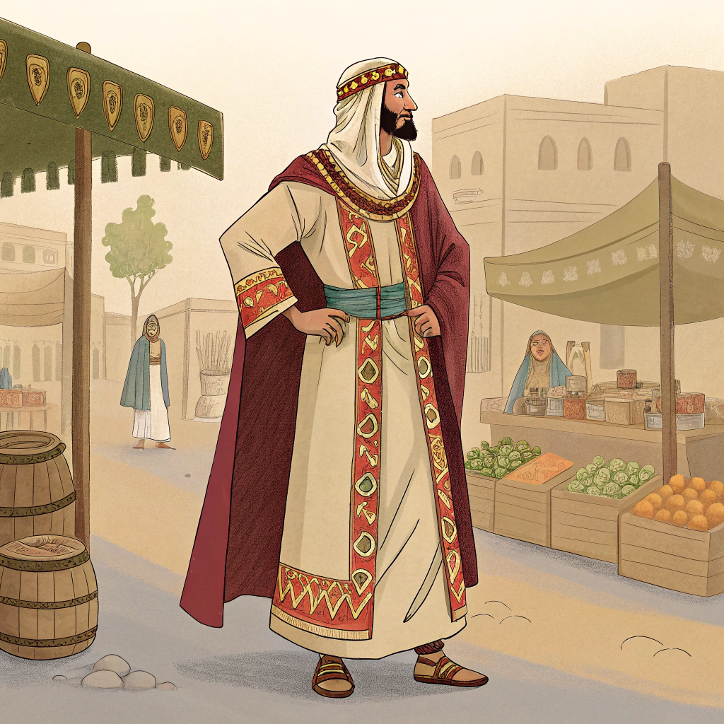 AI generated image by Red Panda AI: Realiza una imagen de una persona con vestimenta del país de Israel de la época antigua en donde es un comerciante rico y respetado por la gente 