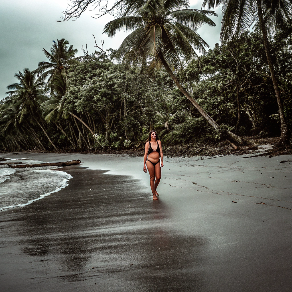 AI generated image by FLUX.1-schnell: A beautiful women wearing bikini walking up a beach with coconut trees