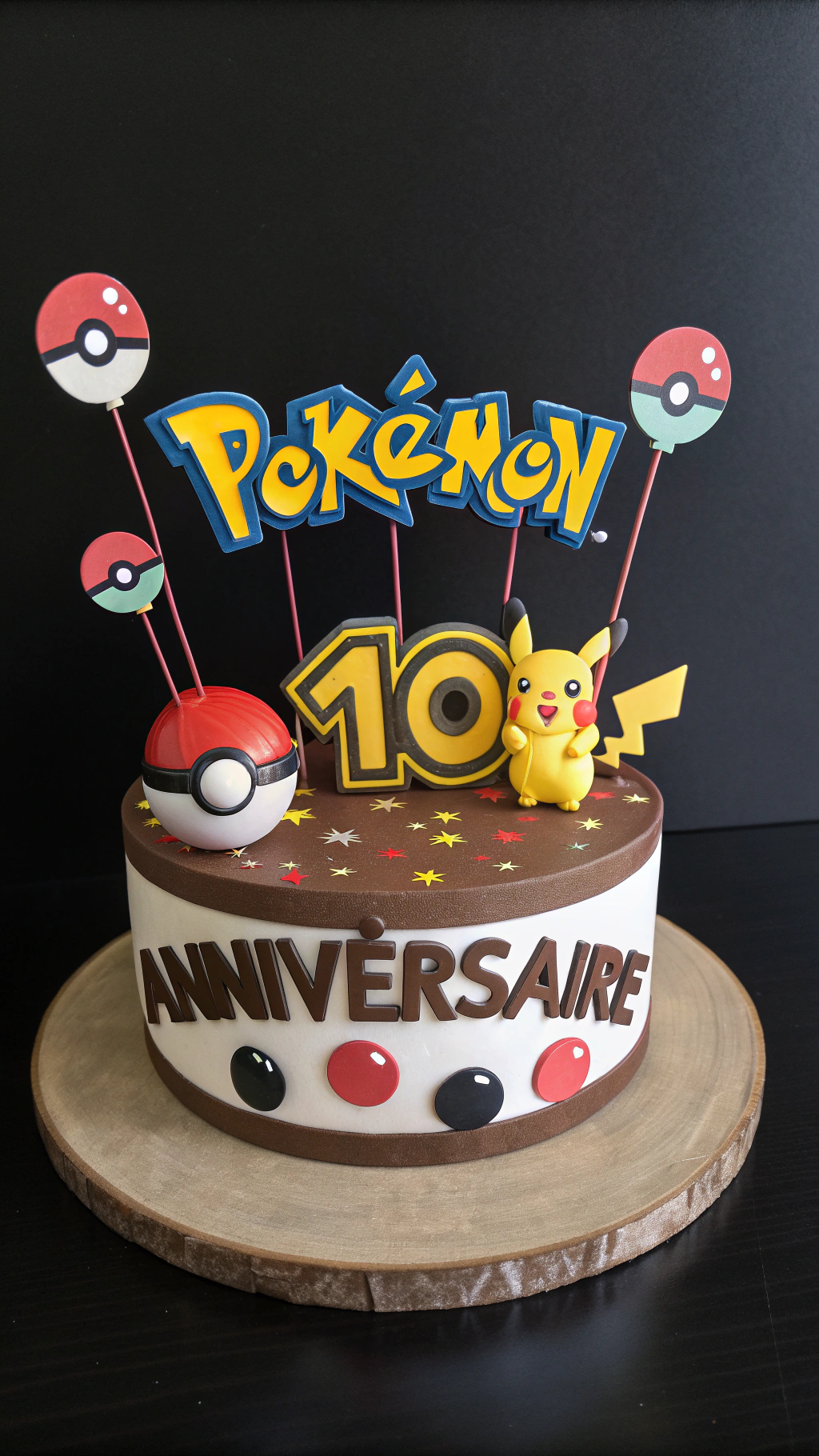 AI generated image by Red Panda AI: 3D model of a 3D pokemon themed sign with "Joyeux Anniversaire" written on it, black background. The letter are coming out of the sign. front facing. The letters are inspired from pokemon. the model must be 3D printable. be creative. View from the front.