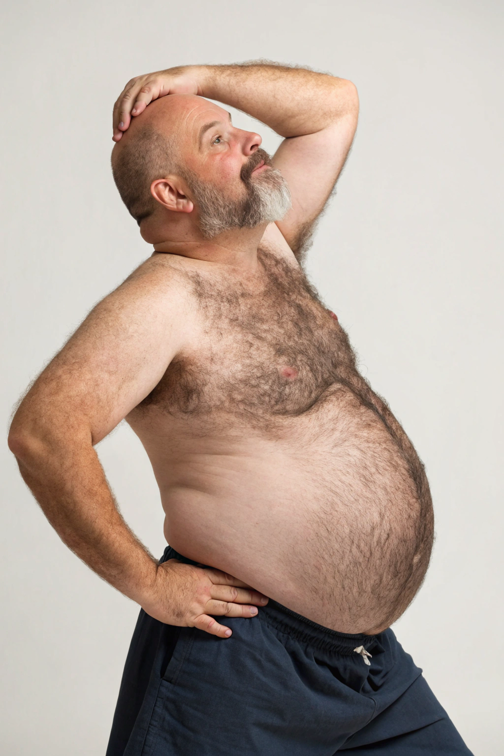 AI generated image by Red Panda AI: a studio shot of a bulky and slightly overweight 50 year old hirsute dad stretching. Man has heavy amount of body hair, hairy chest pattern, expanding his bloated heavy bearded-belly, bald head, brown and white goatee