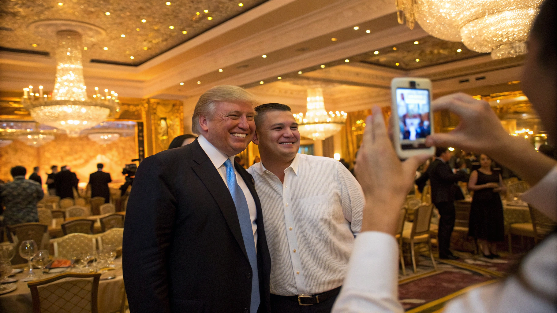 AI generated image by Red Panda AI: In the background of a large social event, an ordinary person is taking a photo with former US President Donald Trump. Trump is wearing a dark suit, smiling, with his hand on his waist. The ordinary person is wearing a white shirt and jeans, standing next to Trump with a big smile. The background is a luxurious banquet hall with golden decorations and crystal chandeliers.