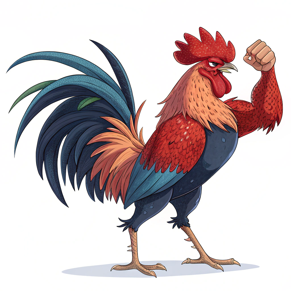 AI generated image by Red Panda AI: gallo de combate esbelto de un metro ochenta de alto, con rasgos humanos musculoso molesto, mostrando fuerza con su brazo, con  plumas todo su cuerpo torzo colorido rojo y azul, cresta de fresa