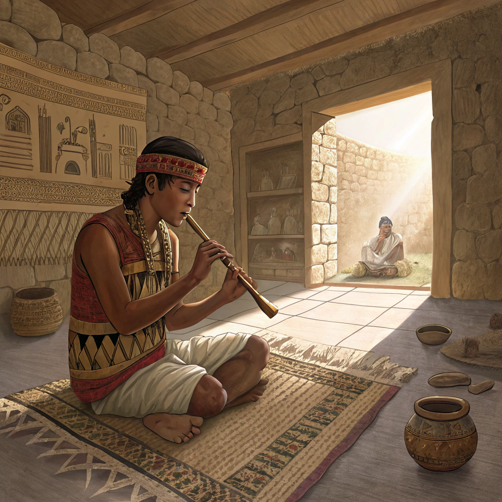 AI generated image by Red Panda AI: Un joven de rasgos indigenas del Imperio Incaico en un Yachay Wasi, la antigua casa del saber. Está sentado con las piernas cruzadas sobre un tapiz tejido, tocando una quena andina. A su alrededor, muros de piedra con grabados simbólicos, vasijas de cerámica y objetos ceremoniales. La luz natural entra suavemente por una puerta de piedra abierta, iluminando el ambiente sagrado y tranquilo. El joven viste ropa tradicional inca con diseños geométricos y una vincha en la cabeza. Al fondo, un maestro con vestimenta ceremonial lo observa o lo guía. Estilo realista, tonos cálidos, ambientación de tarde.