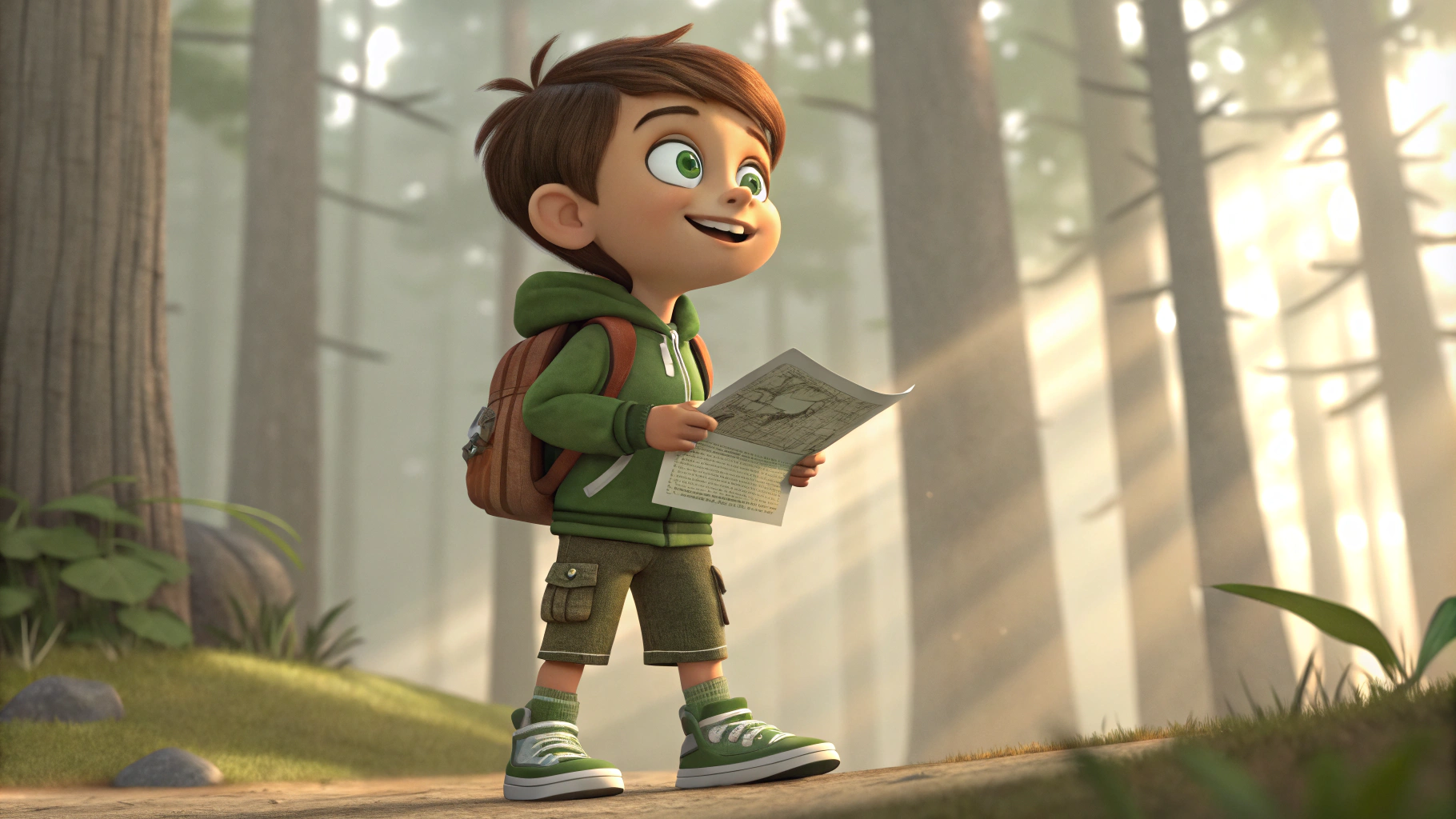 AI generated image by Red Panda AI: "A 9-year-old boy with short brown hair and bright, curious eyes. He is wearing a green hoodie, cargo pants, and sneakers, holding a map in his hand. Emir has a confident smile, and he looks like a natural leader. He’s standing in a forest with light filtering through the trees, looking ahead with determination. His posture is confident, showing he is ready for an adventure." , 3d animation , disney inspired