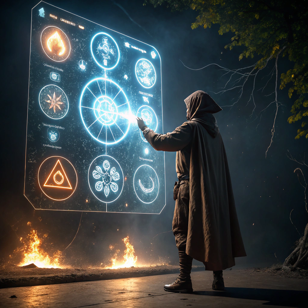 AI generated image by Red Panda AI: La imagen muestra a un personaje de pie frente a un panel de control holográfico, flotante frente a él. El panel está lleno de iconos brillantes y botones virtuales que representan distintos hechizos y habilidades mágicas. Algunos de los íconos son esferas de fuego, rayos eléctricos, y glifos arcanos, todos rodeados por una interfaz de energía resplandeciente. El personaje, con un atuendo medieval y una capa que ondea, parece estar concentrado, su mano extendida hacia el panel como si estuviera eligiendo el hechizo adecuado. El fondo oscuro resalta el brillo del panel, mientras que luces místicas y runas flotan alrededor, sugiriendo la atmósfera mágica y futurista del mundo en el que se encuentra. La imagen transmite una sensación de poder y estrategia, con la tecnología y la magia fusionándose a la perfección