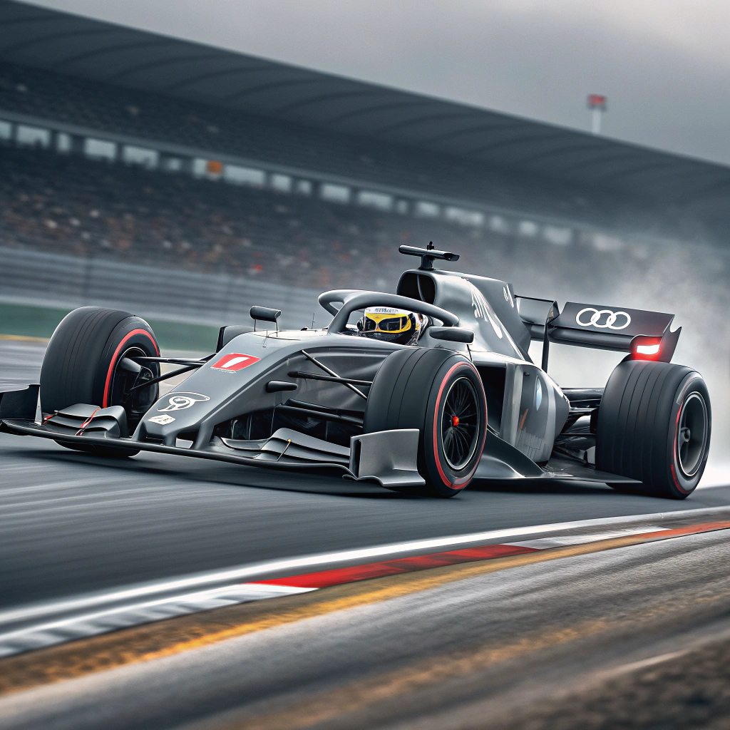 AI generated image by Red Panda AI: Carro de fórmula 1 da equipe audi nas cores cinza e preto