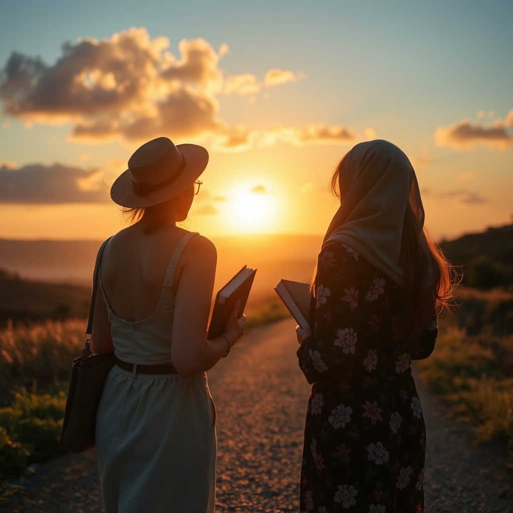 AI generated image by FLUX.1-schnell: Duas mulheres de vistido com um livro no braço andando ao longe em uma estrada em um por do sol. vista de tras