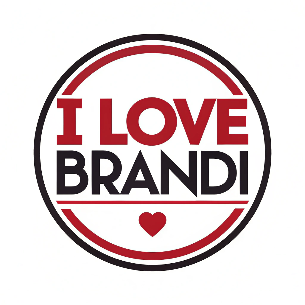 AI generated image by Red Panda AI: Circle logo, "I Love Brandi", on white background, red and white and black, only text, bold font, strong, modern