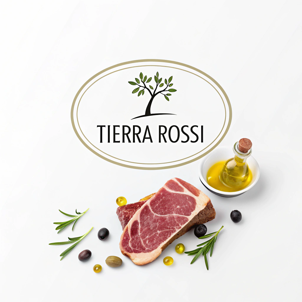 AI generated image by Red Panda AI: genera un logo minimalista para una empresa de alimentos gourmet centrada en el corte de jamones, miel y aceites exclusivos en españa, el nombre sera, Tierra Rossi, mas centrado en los jamones 
