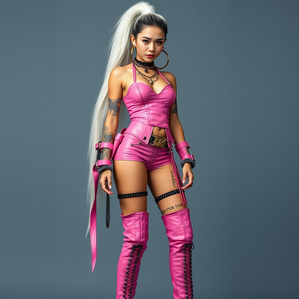 AI generated image by FLUX.1-schnell: Full-body image of a beautiful Asian girl. Dressed in pink leather and knee-high boots with a long white high ponytail. Large hoop earrings as wide as her face, multiple facial piercings, and tattoos. The bulky jewelry and accessories create a fantastical appearance. Smoking a cigarette, standing tall, and showing off the boots. 