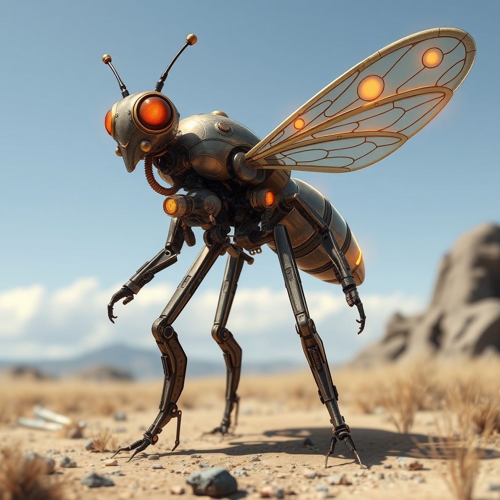 AI generated image by FLUX.1-schnell: Steampunk firefly robot, full size, concept character sheet