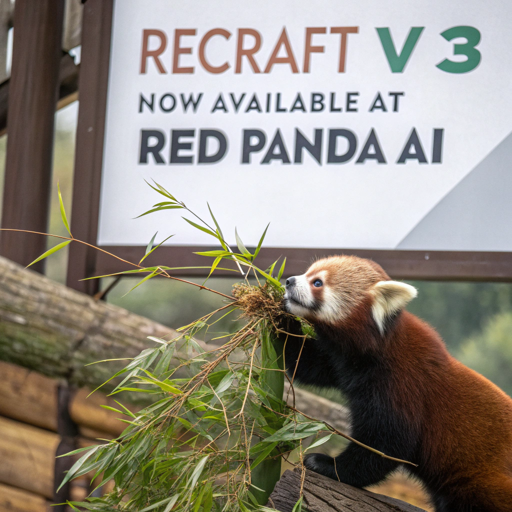 AI generated image by Red Panda AI: a red panda eating a bamboo in front of a poster that says "recraft V3 now available at red panda ai