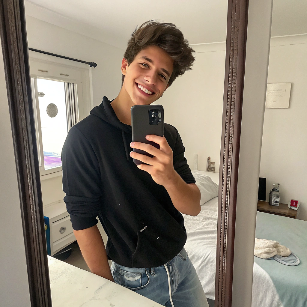 AI generated image by Red Panda AI: Handsome 21 year old boy taking selfie in mirror with mobile 