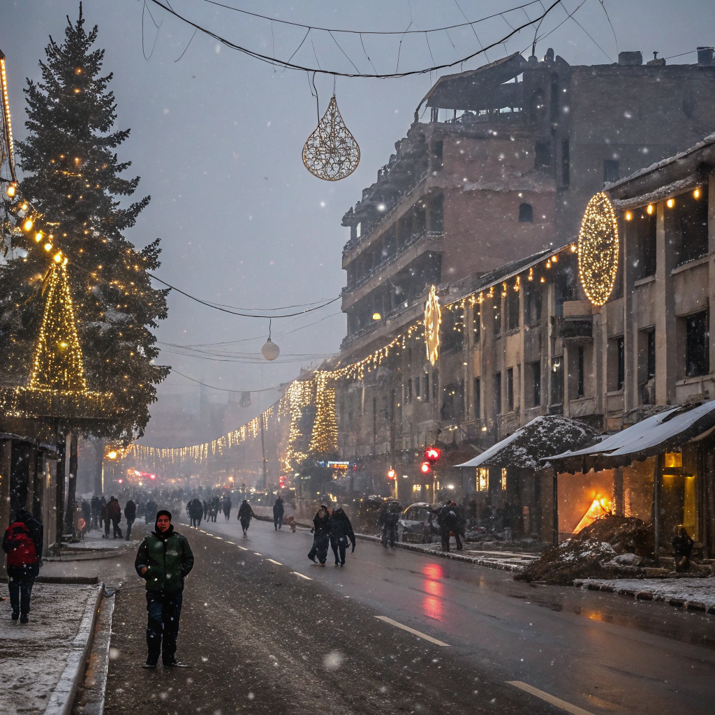 AI generated image by FLUX.1-schnell: a side facing view of a busy street at Christmas in Tbilisi, with festive decorations and twinkling lights. The scene captures the apocalyptic atmosphere after a revolutionary battle, a homes are destroyed an in fire, with the snow gently falling. The view is from a low, near feet level shot, looking across the road towards the shops. A