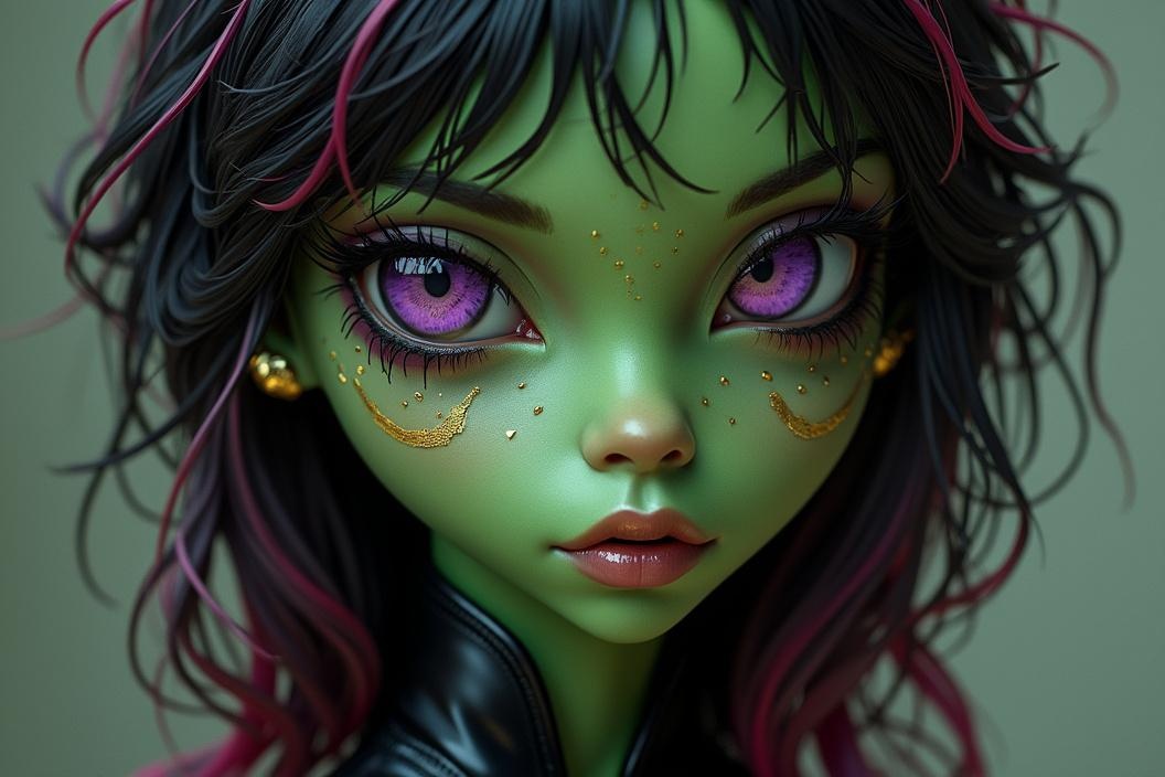 AI generated image by FLUX.1-pro: Close-up portrait realism of a tall,slim, compact figure, with a small chest and narrow hips,she is also slightly slender, young Alien woman, 28 years old, green-skinned, with a long, wavy mass of black hair with red and purple highlights, and large purple eyes with golden circles, has a heart-shaped face, high cheekbones, no eyebrows but golden lines ending on her cheeks, black leather jumpsuit with black pants