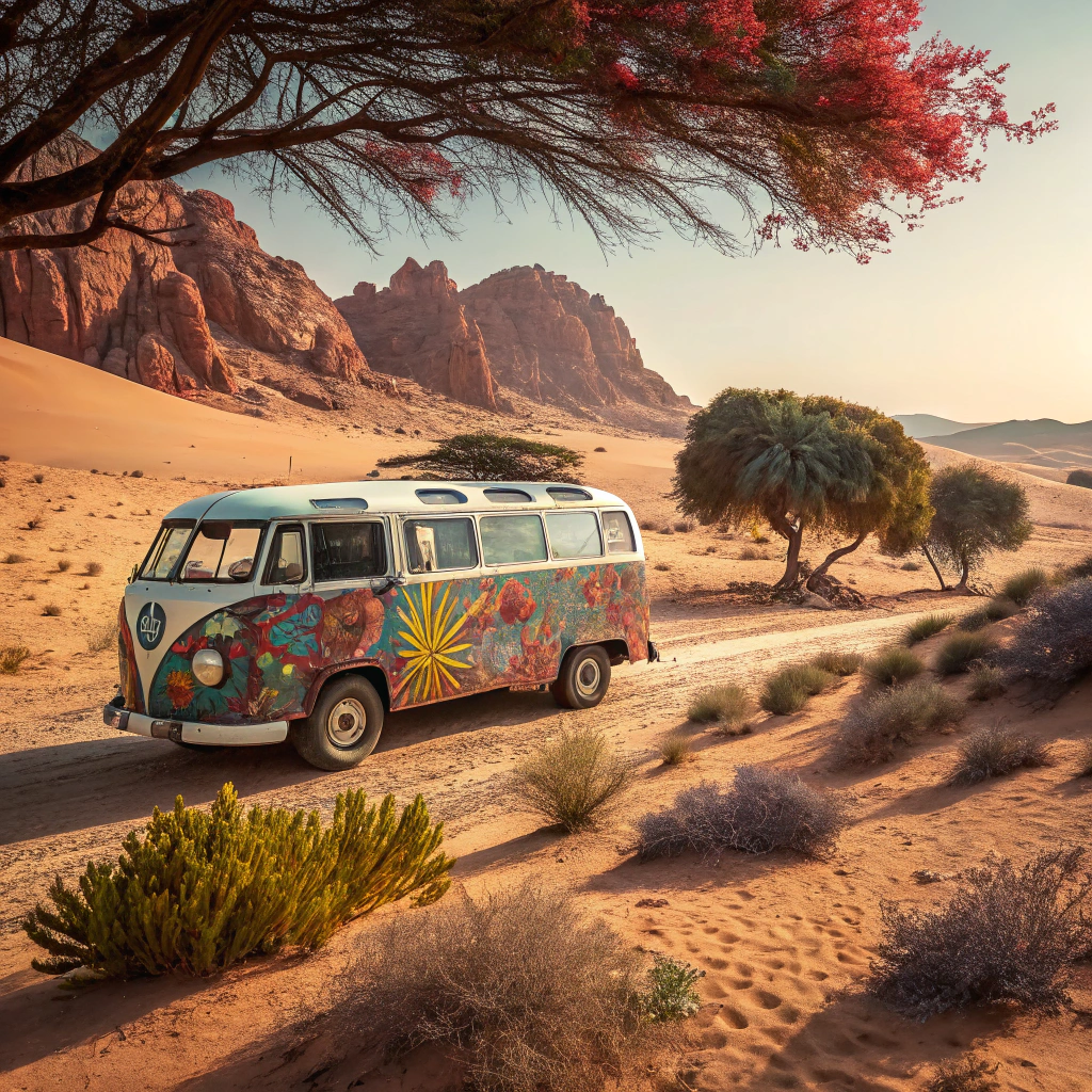 AI generated image by Red Panda AI: {{A moving image of a hippi van, parked in the middle of the Sahara desert on a spring morning in the 60s}}. The style of the artwork will be inspired by {Janis Joplin} and {Peter Max}, combining techniques from {styleGAN2} and {proGAN} to achieve charming realism. The image will be presented from different perspectives, including a view from inside the van and a shot from above. The background will be full of magical elements, such as colorful trees and fantastic beings. The lighting will be soft and warm, highlighting the connection with nature and the free spirit of the time. The resolution used will be {12K}, which will allow an intimate approach to the scene.