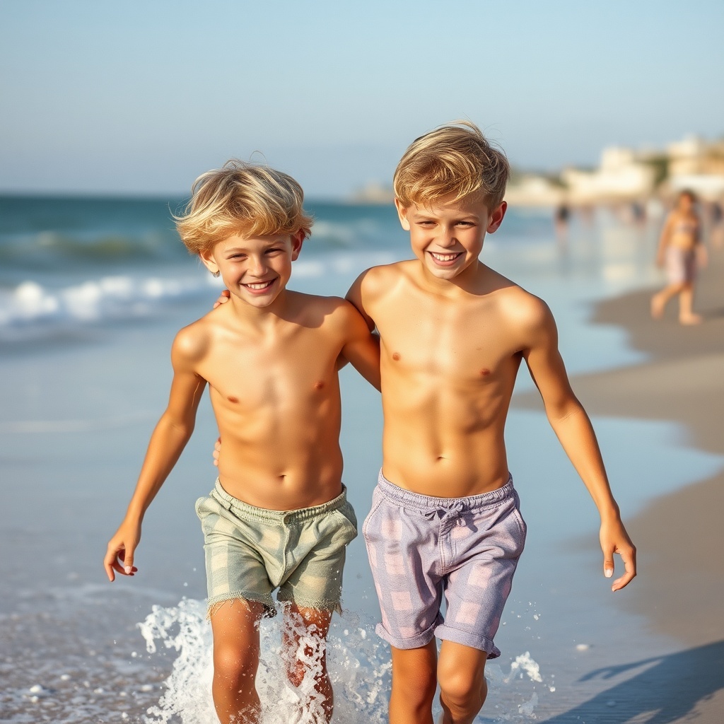 AI generated image by FLUX.1-schnell: deux garçons blond de huit ans s’enlaçant à la plage