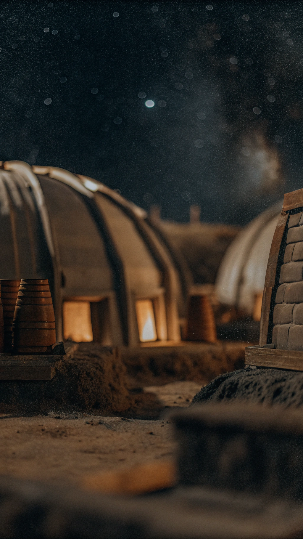 AI generated image by Red Panda AI: A bird’s-eye view reveals a small settlement of future colonists on a Martian plain under the dark Martian night. The barrel-shaped buildings, 3D-printed from Martian soil to withstand the harsh environment, are softly illuminated by signal lights atop each roof, casting a gentle glow across the red-orange dunes. Rovers move autonomously through the settlement, their lights tracing paths as they deliver supplies and gather data. Roads of compacted Martian soil lead to distant launchpads, and dome-like bridges connect the structures, enabling safe movement between them. This thoughtfully designed city, glowing in the night, reflects humanity’s drive to explore and settle new worlds, embodying hope and ambition amidst the quiet Martian landscape.