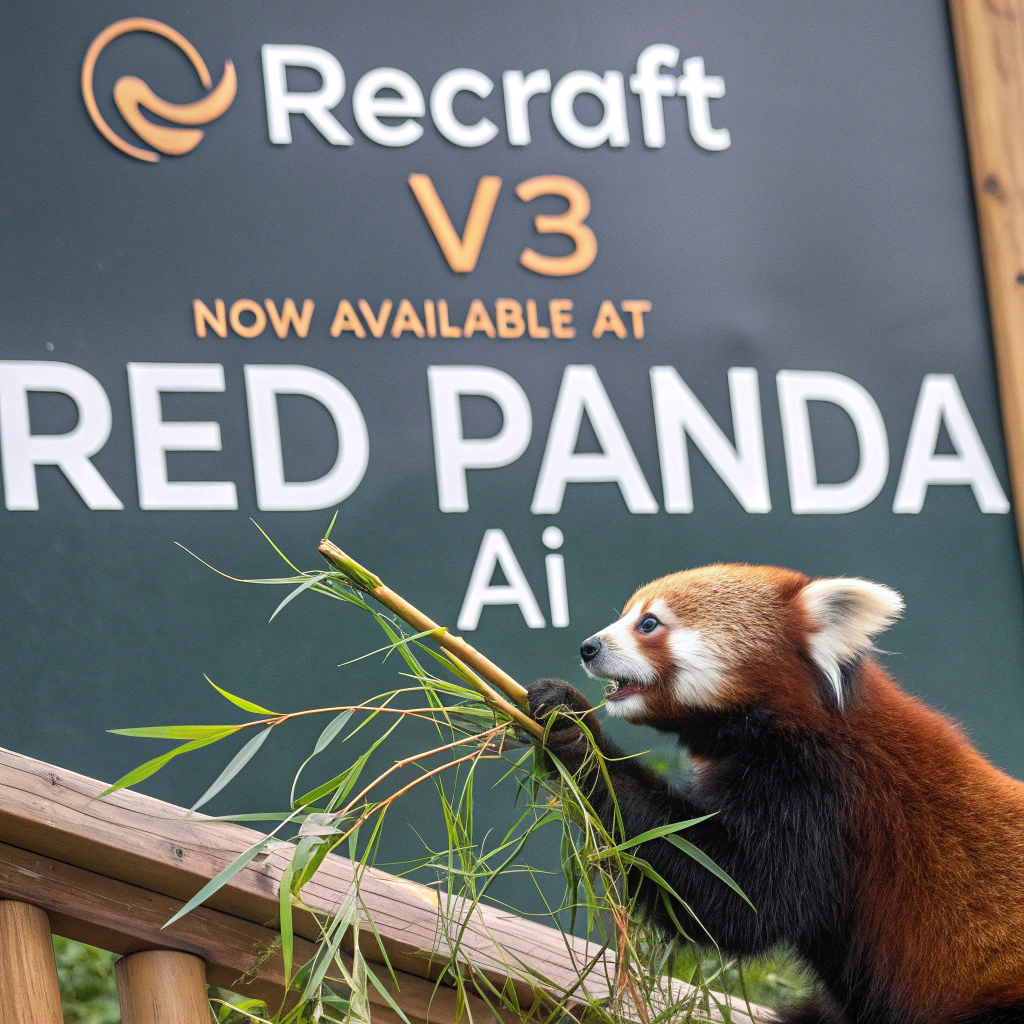AI generated image by Red Panda AI: a red panda eating a bamboo in front of a poster that says "recraft V3 now available at red panda ai