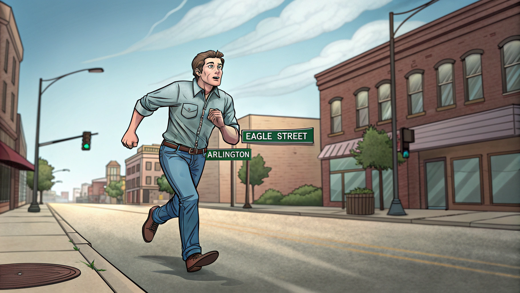 AI generated image by Red Panda AI: a guy wearing blue jeans, he is running away down a street called "Eagle Street" in Arlington, Nebraska and maybe there is sign somewhere that says "Arlington", cartoon style