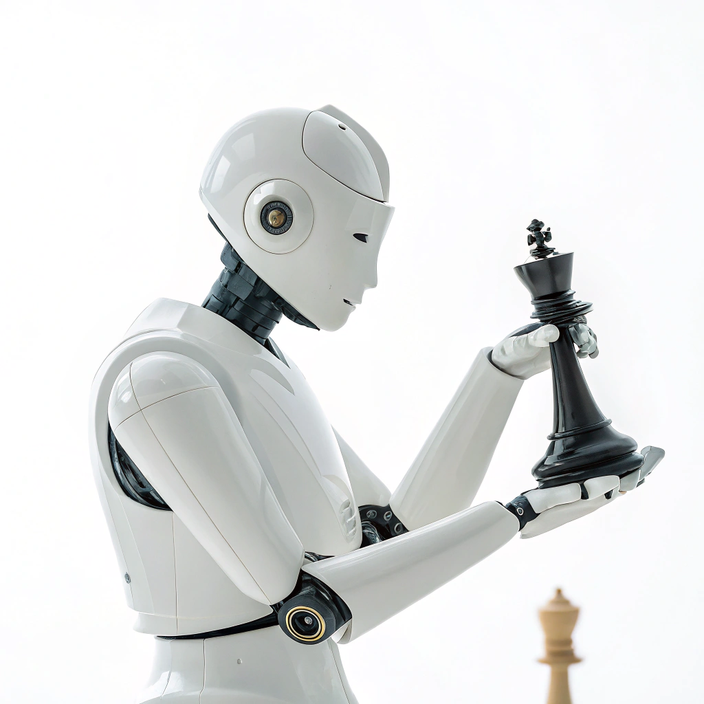 AI generated image by Red Panda AI: white robot, holding chess piece, clean white background