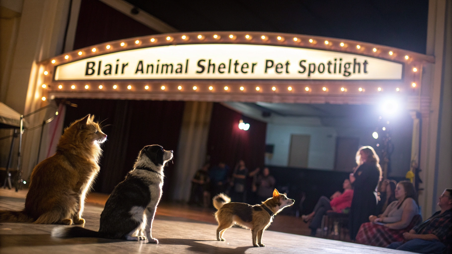 AI generated image by Red Panda AI: Spotlight shines down on stage from right to left,  A lighted sign reads "Blair Animal Shelter Pet Spotlight", an audience of cats and dogs look up at the stage