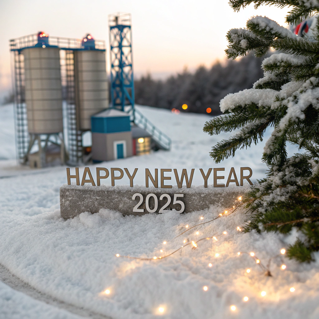 AI generated image by Red Panda AI: Create a highly realistic New Year-themed illustration with a snowy background. The scene features a small, low-capacity concrete batching plant with only two silos, depicted realistically. The silos should include subtle blue accents, blending harmoniously into the winter environment. In the foreground, display the text 'Happy New Year 2025' in a clean and festive font, sized modestly to complement the plant. Use soft winter lighting, snow-covered ground, and minimal holiday decorations like fairy lights to enhance the cozy, seasonal atmosphere while keeping the focus on the plant.