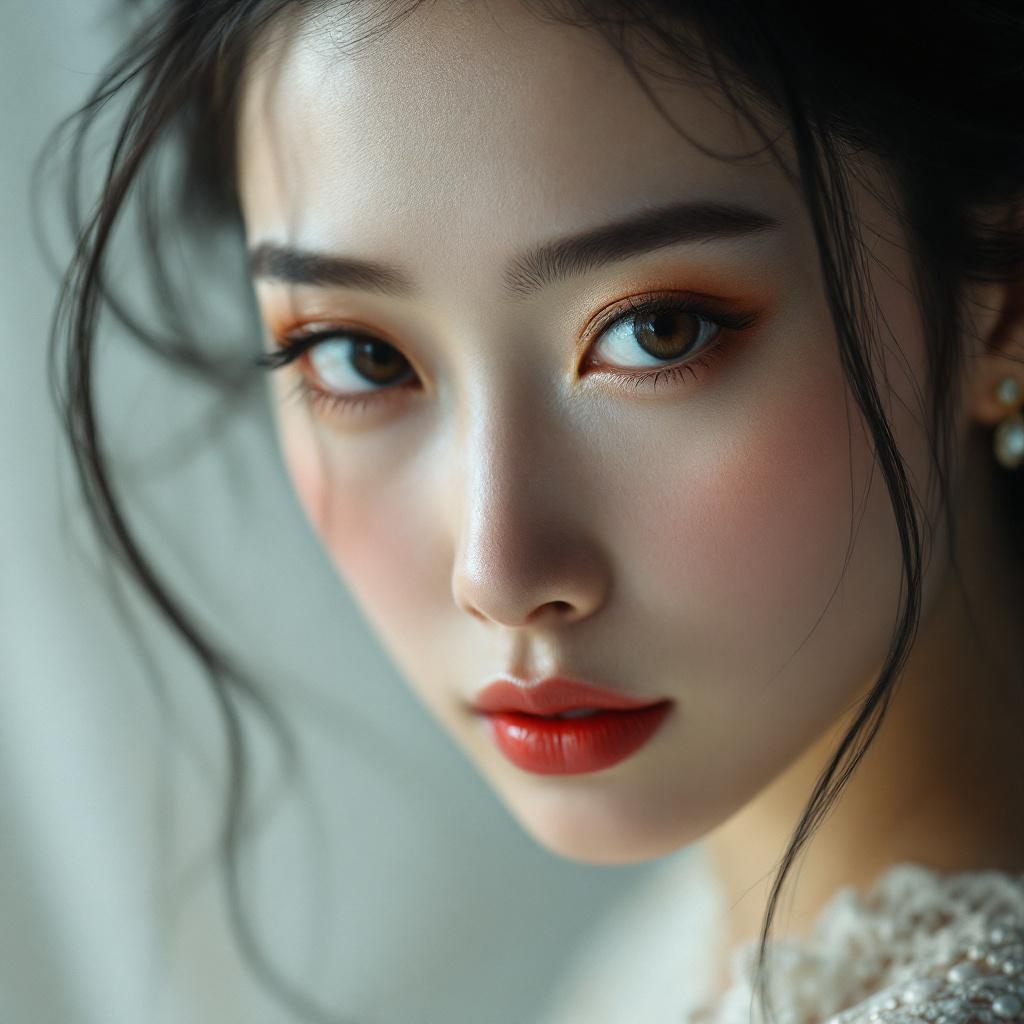 AI generated image by FLUX.1-pro: alta calidad, Obra maestra, vista en alta resolución, 4k, 8k, 16k, enfoque nítido, iluminación cinematográfica,

Una mujer china de 40-45 años de belleza madura, felinos y enigmáticos, con un sutil aire mediterráneo. cuero blanco como la nieve, sin arrugas, inmaculados y suaves. Cara ovalada, Estructura ósea fina y elegante.

En la frente luce una Marca roja  con forma de flor china de tres pétalos, místico símbolo de poder y linaje antiguo.

cejas arqueadas naturalmente,  • Barbilla , Definido sin excesos.
large, ojos almendrados en un cálido color miel, mirada seductora, dominante y profundo.

cabello oscuro, sedosas y ligeramente onduladas en las puntas, en una elegante media cola de caballo con broches dorados. banda de bronce con accesorio de influencia hindú.

Exquisite jewelry with rubies and salida:
— Gold necklace with shiny rubies on the chest
— Gold rings with rubies and salida on both hands
— Hair rings and ornamentation also with rubies

Long and elegant nails, pintado en rojo oscuro, refinado y femenino.

maquillaje seductor: labios rojos intensos, máscara y un tono suave que realza su mirada felina.

Hanfu Wuxia seductive red:
— Rojo intenso, transparente en las capas superiores
— Bordado fino y detallado de flores doradas de melocotón
— Tela de seda que fluye con el viento, que muestra elegancia y poder

Fondo de Wuxia: antiguo palacio entre montañas con neblina, faroles encendidos, Pétalos flotando en el aire. El viento mueve el cabello y las telas. atmósfera dramática, místico y cinematográfico.

(manos perfectas:1.3), (dedos detallados:1.2), (uñas largas perfectas:1.3), (Anatómicamente correcto:1.0), (expresión facial intensa:1.3), (Rasgos felinos:1.3), (ojos color miel:1.3), (Marca roja :1.3), (piel inmaculada:1.3), ( Joyería Detallada :1.4), (Rubíes Brillantes :1.3), (salida:1.2), (Hanfu detallado:1.4), (cinemático:1.3), (madurez elegante:1.3)