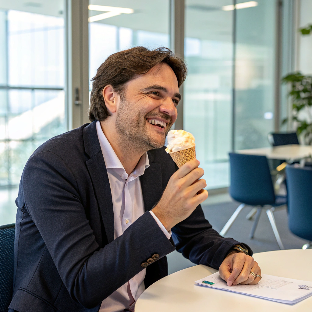 AI generated image by Red Panda AI: Xavier Musca from CA-CIB bank eating an ice cream