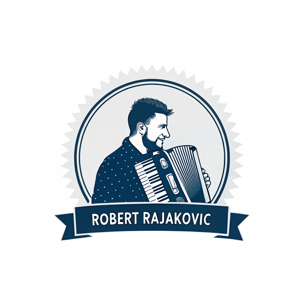 AI generated image by Red Panda AI: Create a logo for a modern male accordion player Robert Rajaković with a shorter beard and short black hair (accordion player), that logo should be for the facebook page