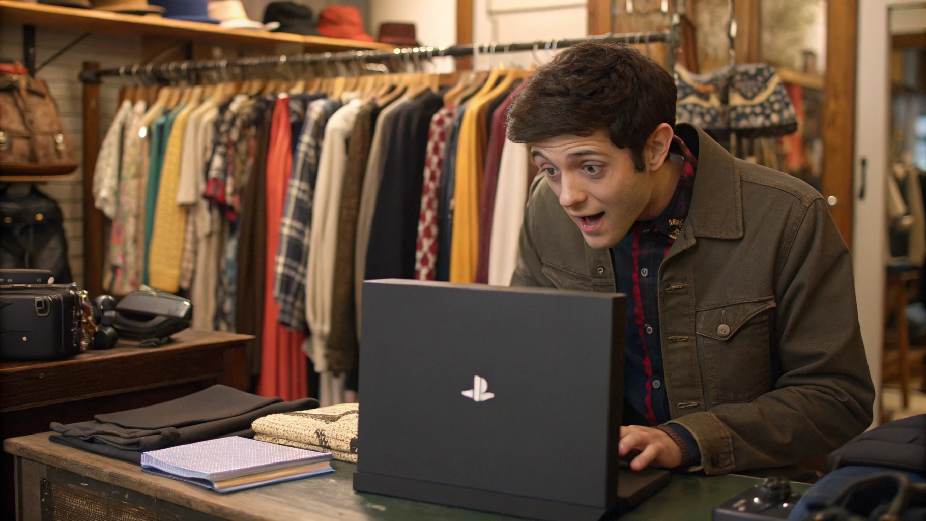 AI generated image by Red Panda AI: Un jeune homme trouve une PS4 neuve dans un magasin de vieux vêtements.