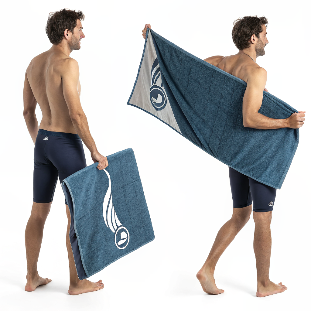 AI generated image by Red Panda AI: Different angles carry this towel of Man standing model in HD from with white background logo size should be medium.
