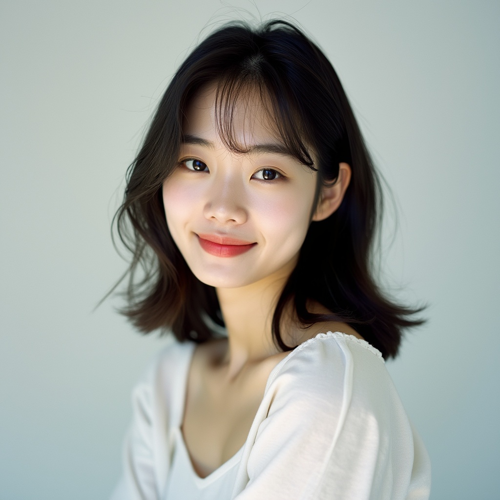 AI generated image by FLUX.1-pro: A Japanese young model posing for a bust-up portrait in a studio with a plain white background, soft and even lighting, capturing a calm and gentle smile, high resolution, professional studio setup, 35mm film.