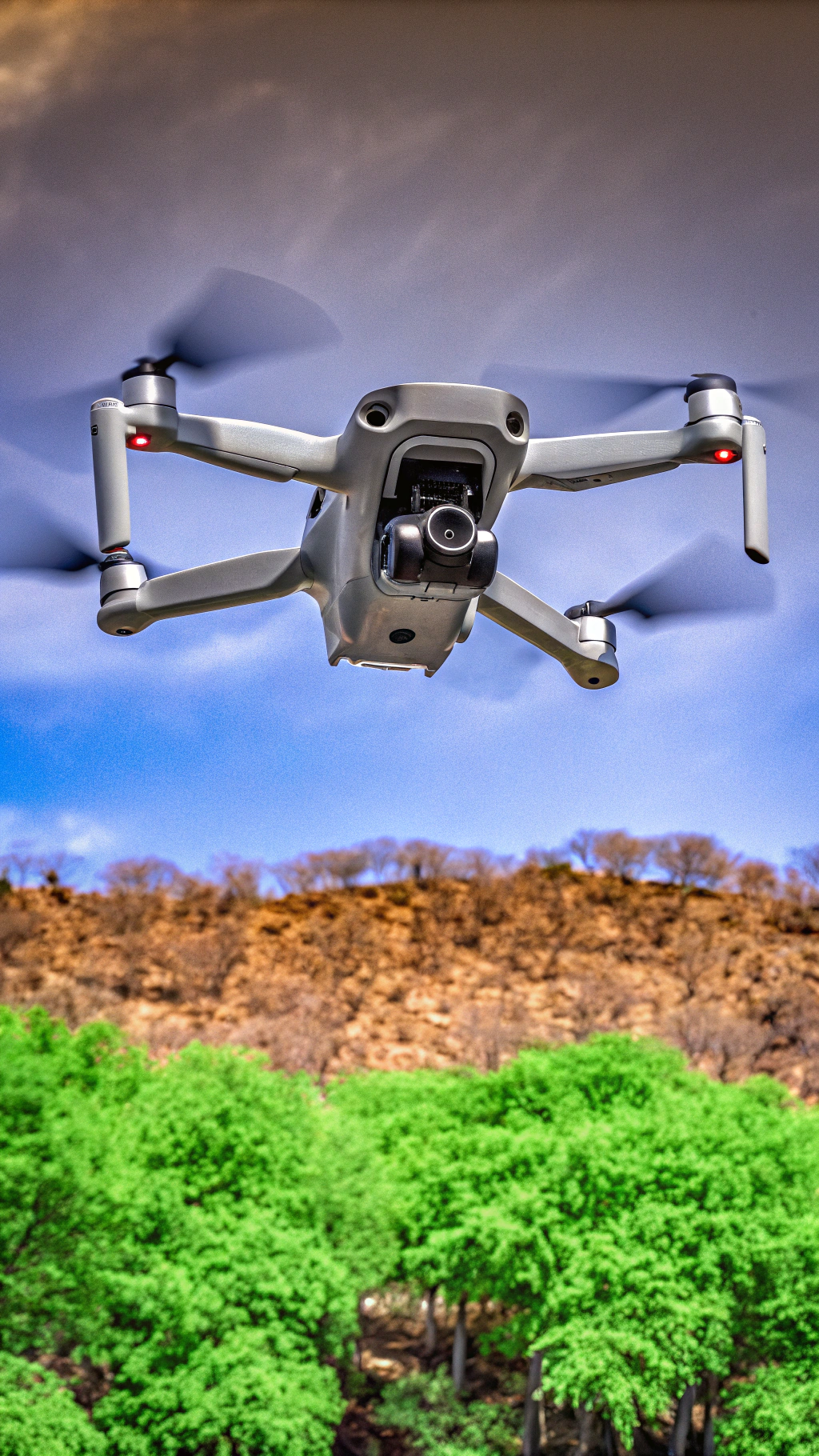 AI generated image by Red Panda AI: a drone model dji mini 4 pro fly on the top of green forest hill. shot from above drone. full hd 4k image with stunning quality. shot with f1.4