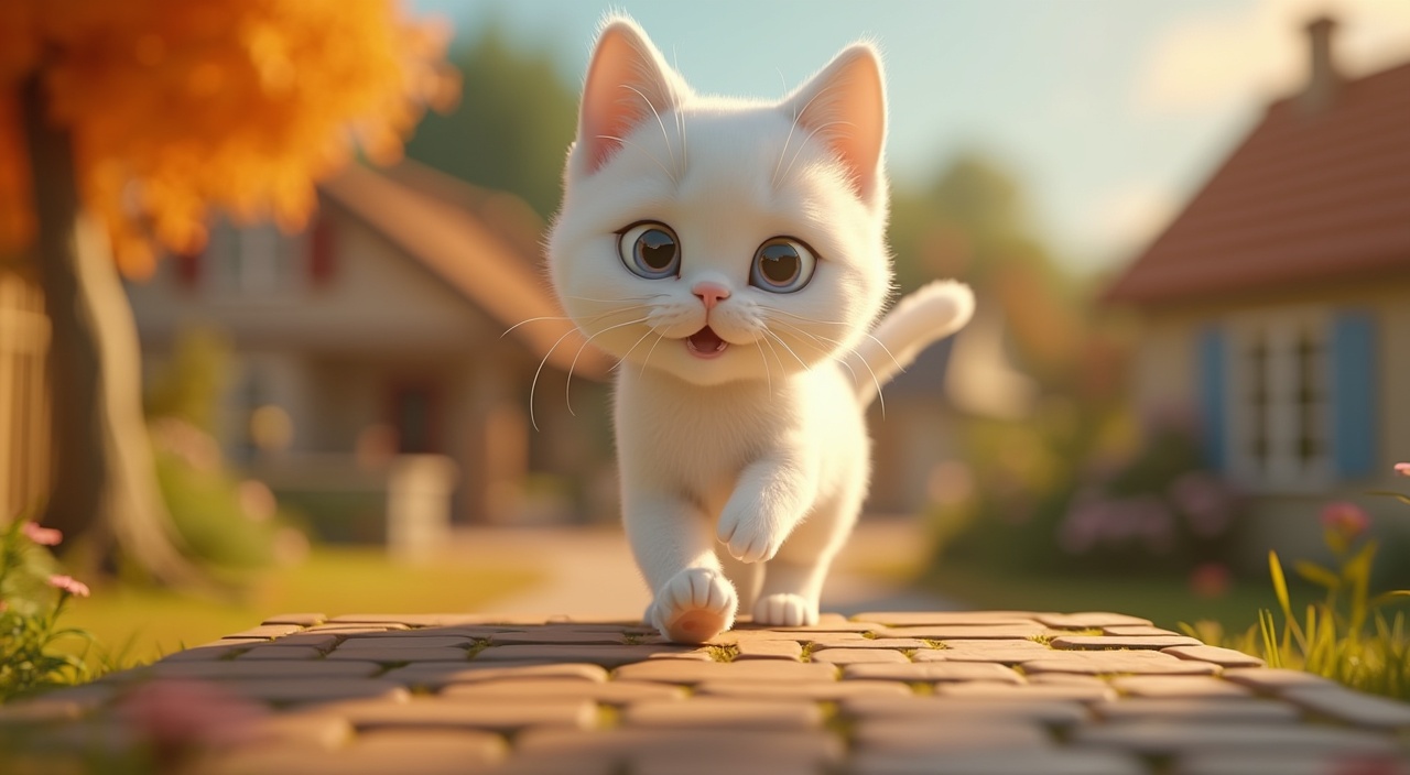 AI generated image by FLUX.1-pro: a cute white cat walk on top of the house , 3d pixar style