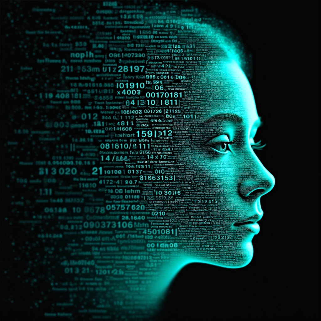 AI generated image by FLUX.1-pro: Emmy Noether's face as a digital mask made from thousands of bright turquoise numbers and formulas forming her face. The formulas and numbers fly behind the mask leaving a trail of complexity. The mask is floating dynamically in mid air. Her head is turned to the right but her eyes are looking directly into the camera. The mask is on a black background. Like a png with black only background. Photo realistic, sci-fy