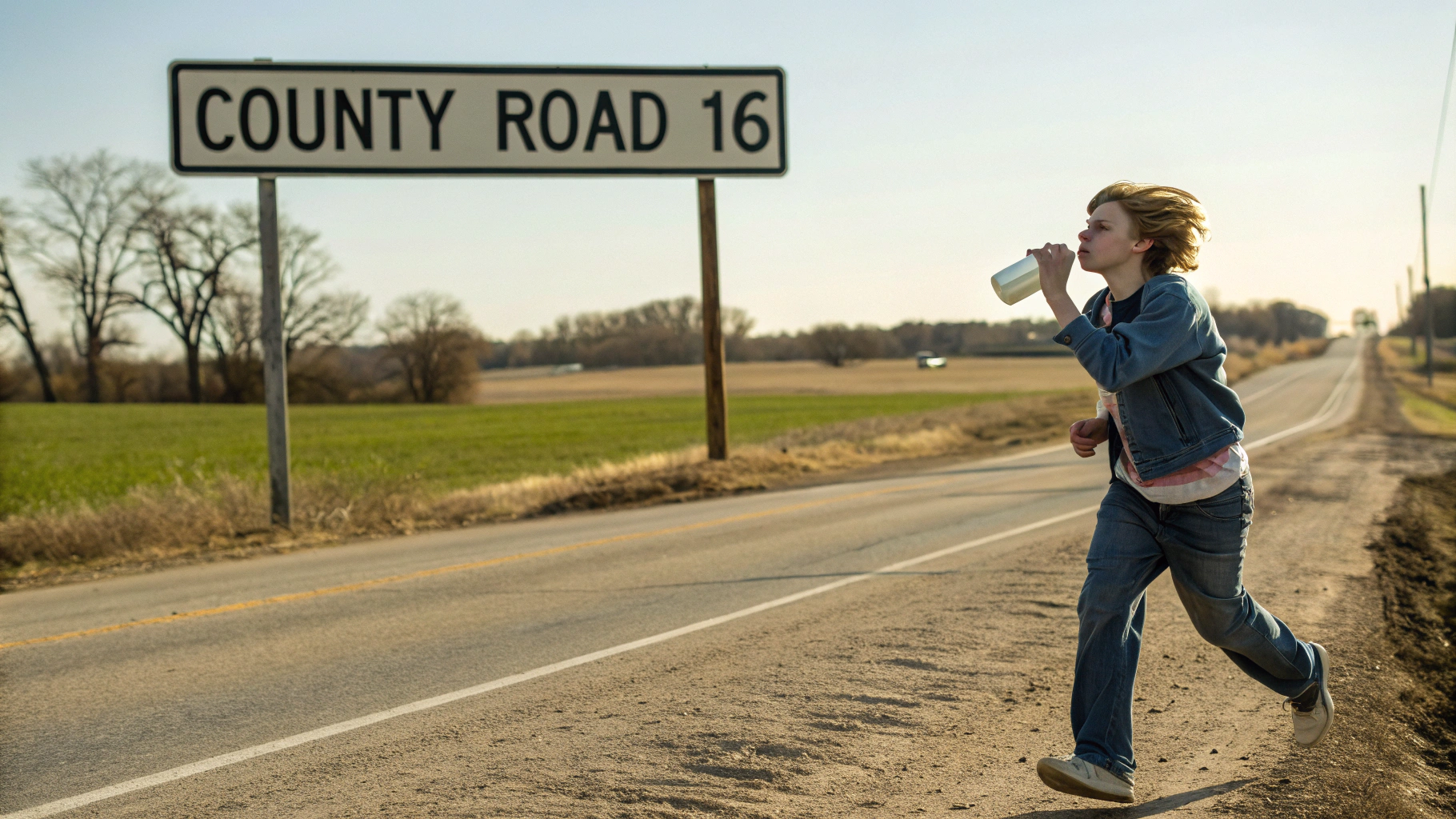 AI generated image by Red Panda AI: a teenager running down a county road in Nebraska drinking a gallon of milk. A sign says "County Road 16", polaroid style photo