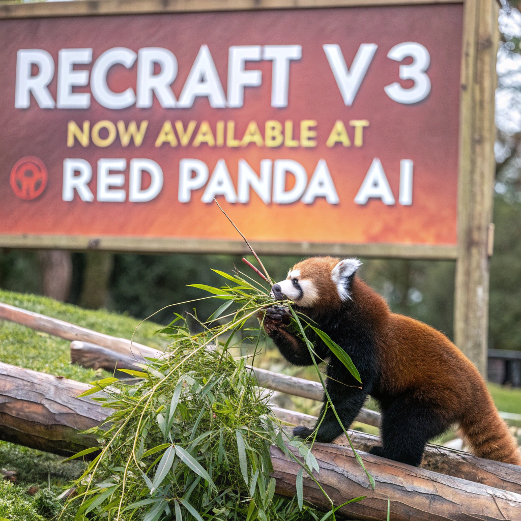 AI generated image by Red Panda AI: a red panda eating a bamboo in front of a poster that says "recraft V3 now available at red panda ai