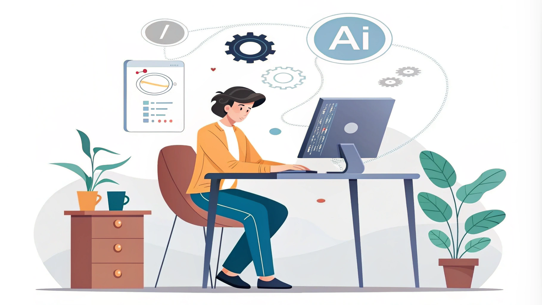 AI generated image by Red Panda AI: the illustration for "개발자의 실무 AI 활용법" in an illustrative style, featuring a developer engaged with AI tools and symbols around them. You don't need to have a lot of “AI tools and symbols”.