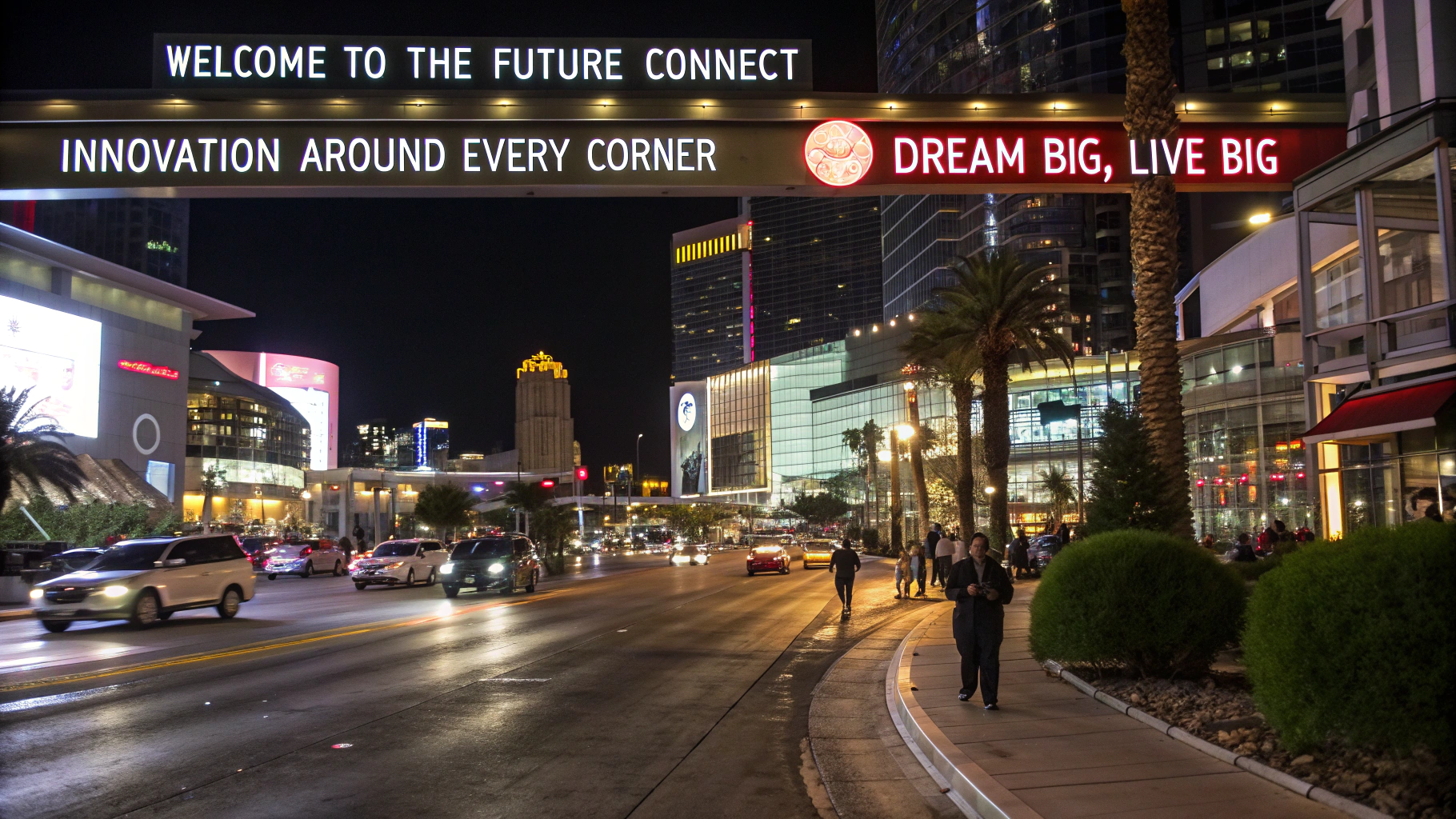 AI generated image by Red Panda AI: Create an image of a vibrant city at night, with streets lit by neon lights and bright signs. The scene shows modern skyscrapers and busy streets, with cars and people walking. On visible signs, place the following words written clearly and visibly: 'Welcome to the Future', 'Connect', 'Innovation Around Every Corner', and 'Dream Big, Live Big '. The lighting should highlight these signs and the architecture, creating an atmosphere of technology and energy, but also of welcome and progress.